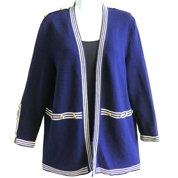 Vintage Metricot Ribbed Knit Cardigan Nautical Navy White Gold Buttons Stripes - Picture 1 of 6